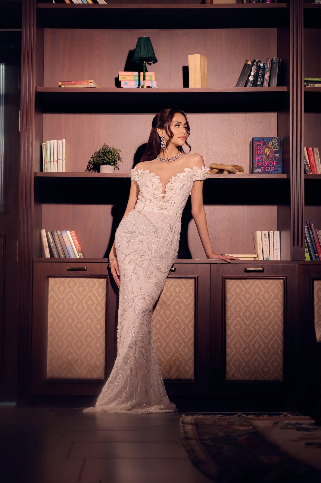 Hand-embroidered couture gown with beadwork and appliqué