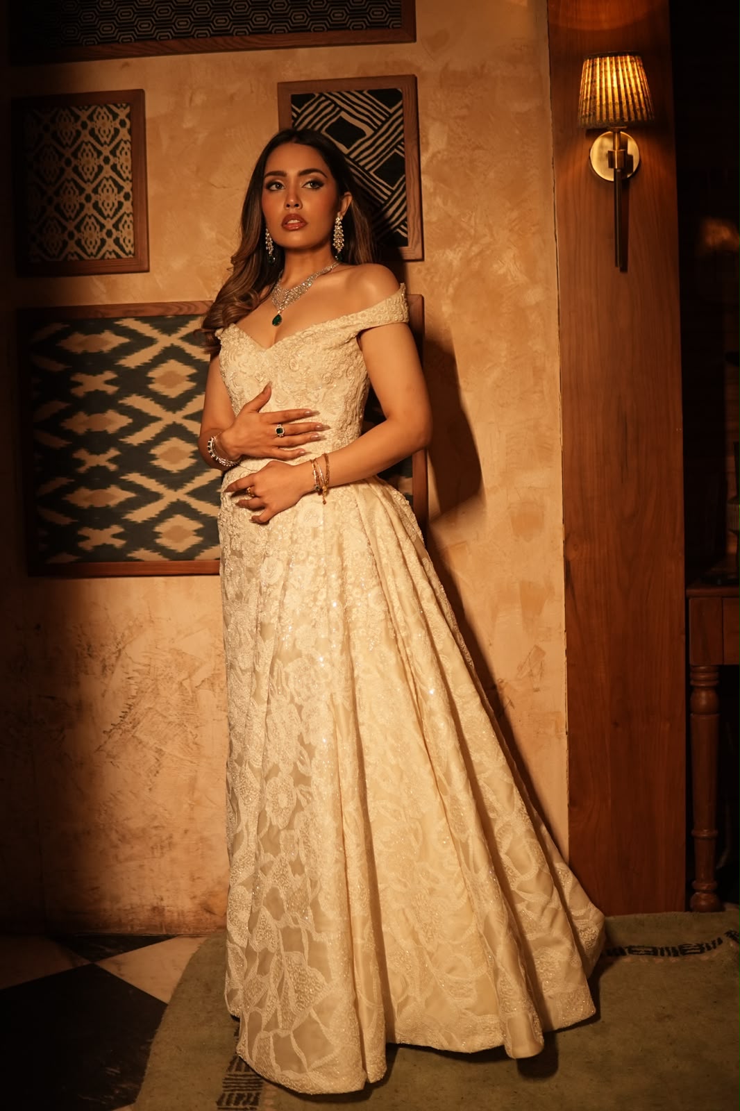 Ivory off-shoulder ballgown with floral lace embroidery