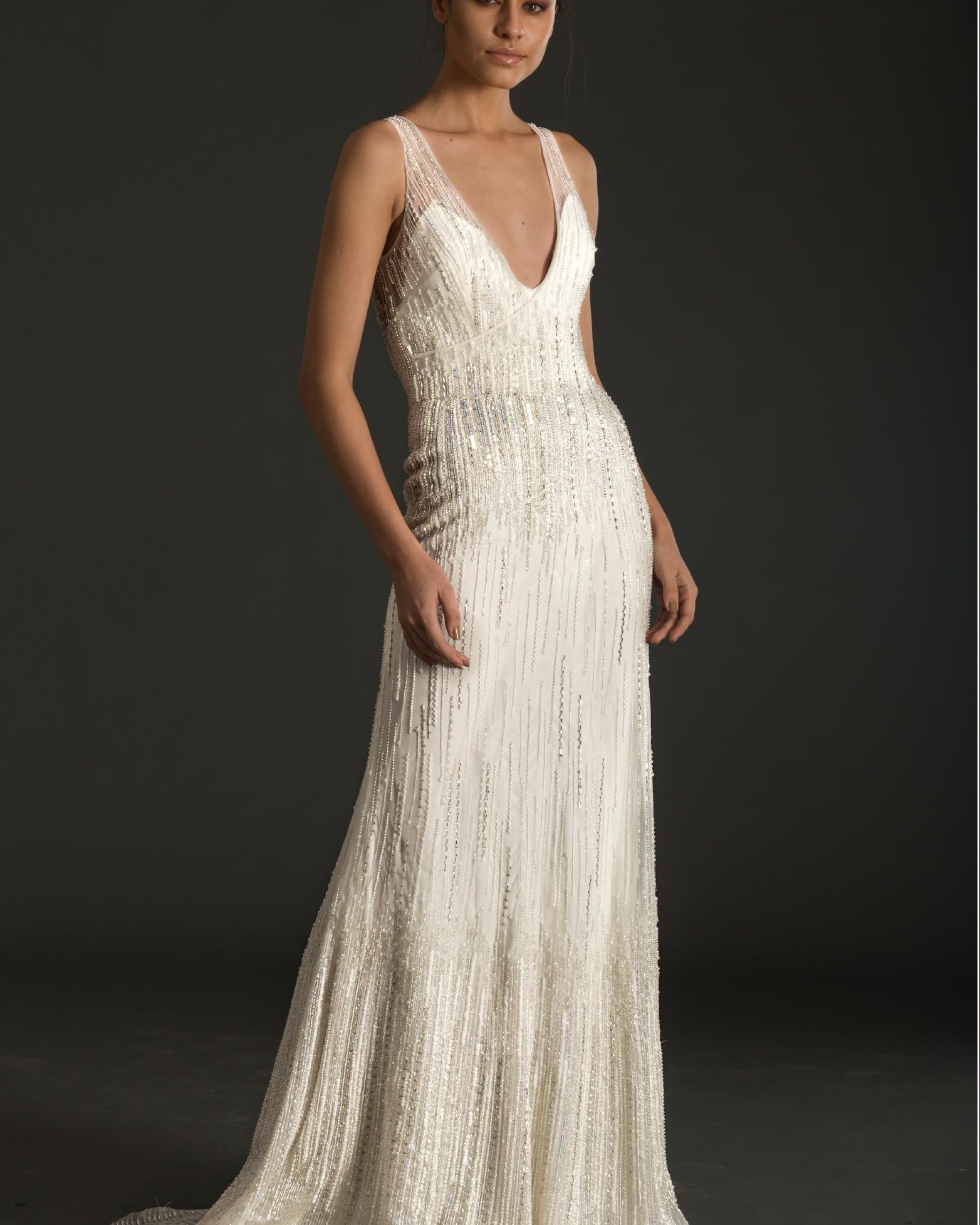 ANOVE SS18 look 009, linear beadwork in an art deco motif